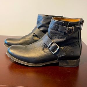 Frye Black Leather Harness Ankle Boots